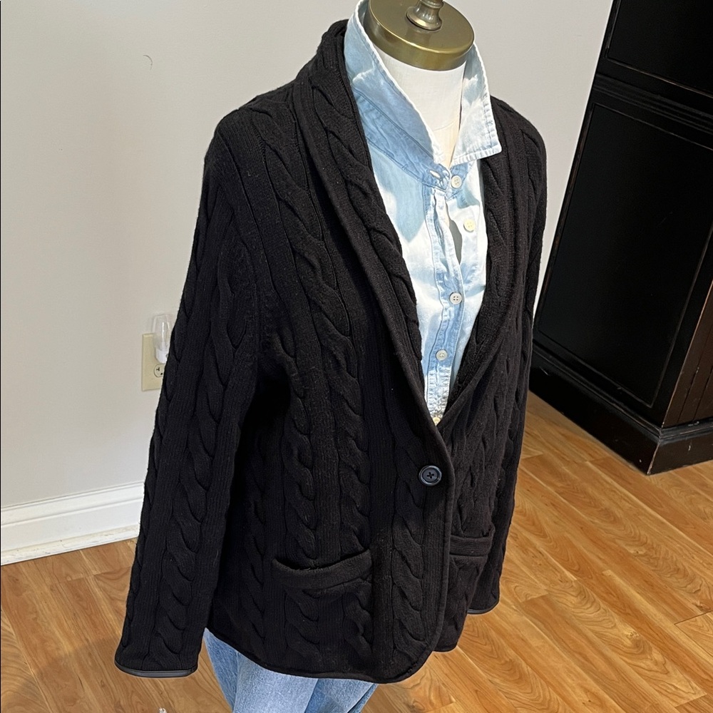 Talbots chunky cableknit black wool blend cardigan  jacket size XL petite